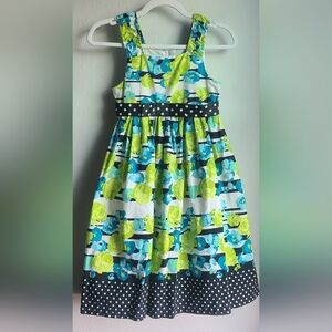 Bonnie Jean - Girl's Blue Green Floral Print Sundress with Polka Dots, Sz 10